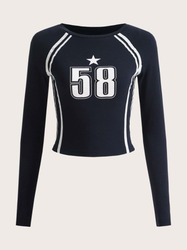 Contrast letter printed long sleeved T-shirt