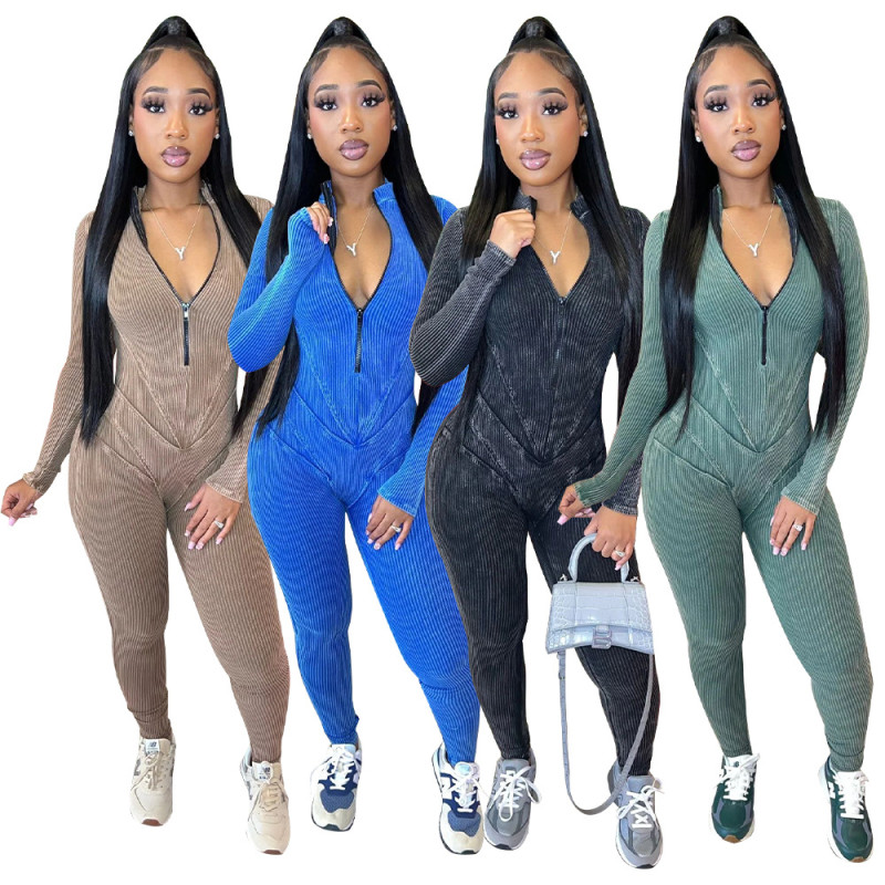 Women's pit stripe printed sexy V-neck tight zippered jumpsuit