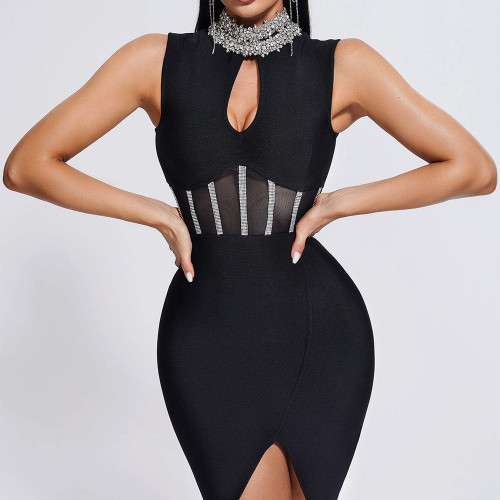 Women's high necked hot diamond sexy hollow mesh front slit bandage dress