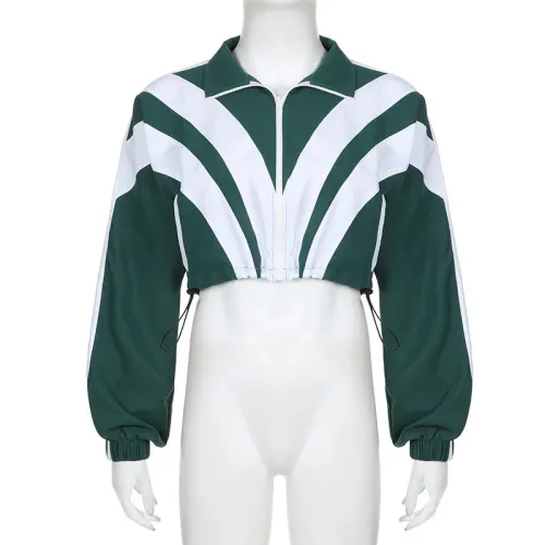 Color blocking zipper long sleeved short jacket+high waisted straight leg pants two-piece set