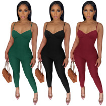 Women's suspender solid color V-neck jumpsuit pants Women's suspender solid color V-neck jumpsuit pants
