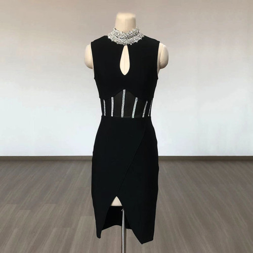 Women's high necked hot diamond sexy hollow mesh front slit bandage dress