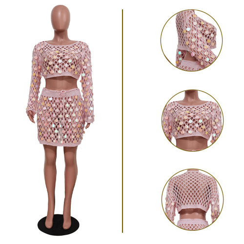 Women's casual knitted hollow sequin beach skirt two-piece set