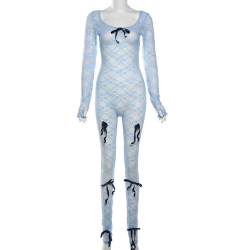 Perspective hollow high waisted jacquard tight fitting long sleeved lace jumpsuit