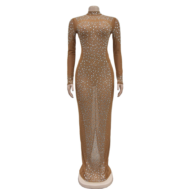 Women's solid color mesh hot diamond long sleeved dress