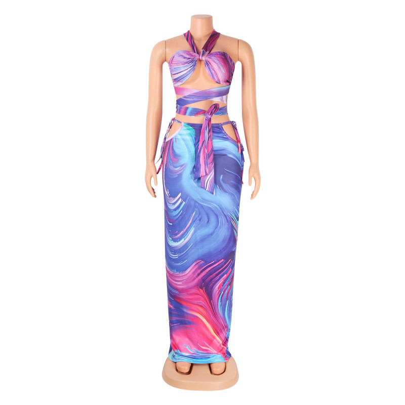 Sexy digital printed chest wrapped women's two-piece set