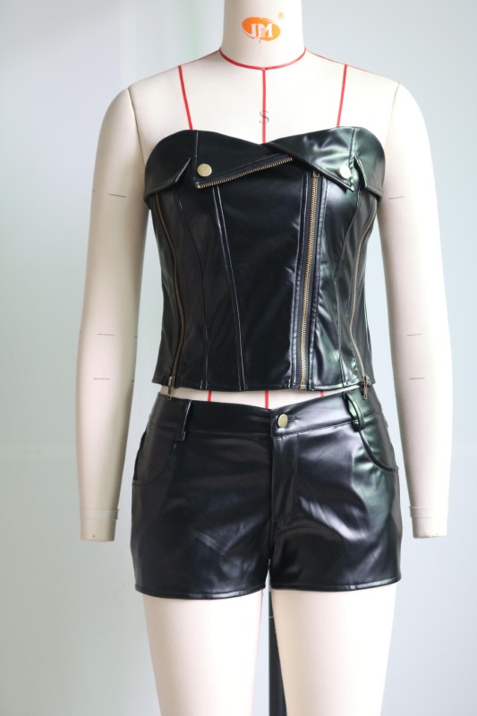 Zipper flap slim fit bra hot pants leather suit two-piece set