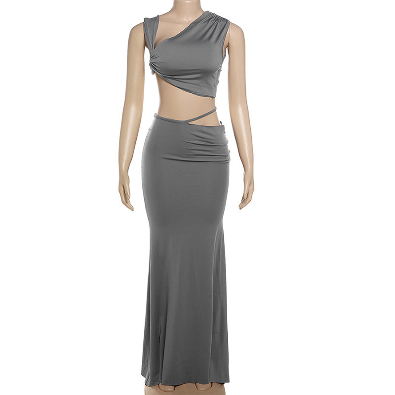 Slanted shoulder backless vest, solid color temperament slim fit long skirt set