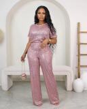 Two piece set of sequin solid color short sleeved long pants