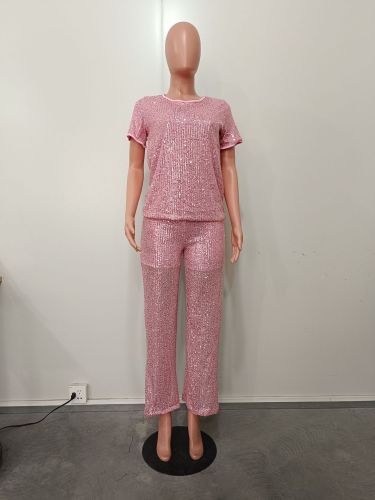 Two piece set of sequin solid color short sleeved long pants