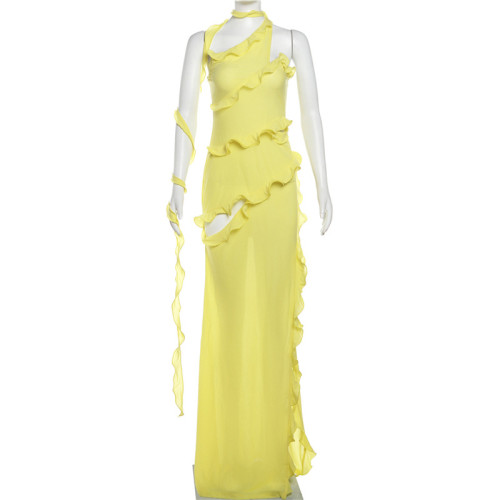 Diagonal shoulder lace ribbon sexy split solid color dress