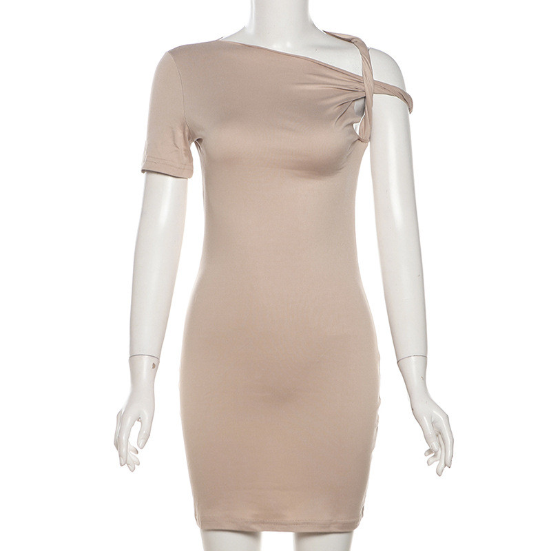 Diagonal shoulder short sleeved solid color buttocks wrapped dress short skirt