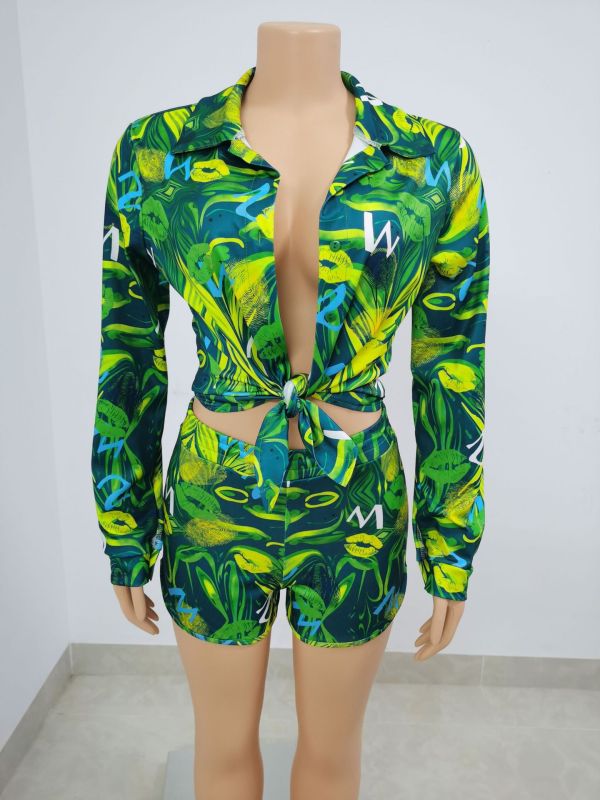 Sexy shirt casual high-end green print 2-piece set