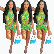 Abstract printed short skirt+strap vest 2-piece set