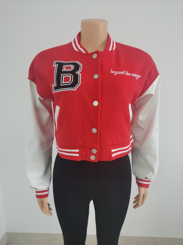 Letter embroidered leather sleeve patchwork standing neck baseball jacket