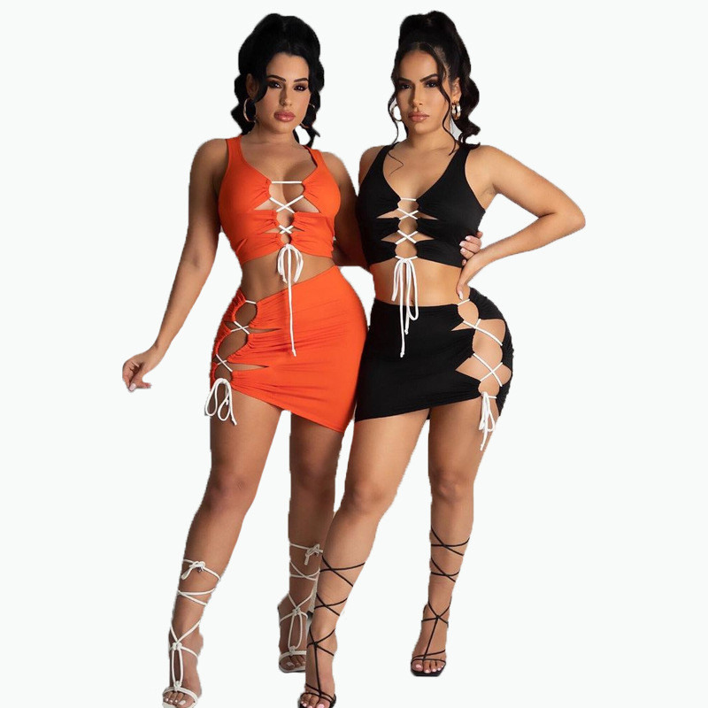 Solid color strap hollowed out two-piece set for oversized women's clothing