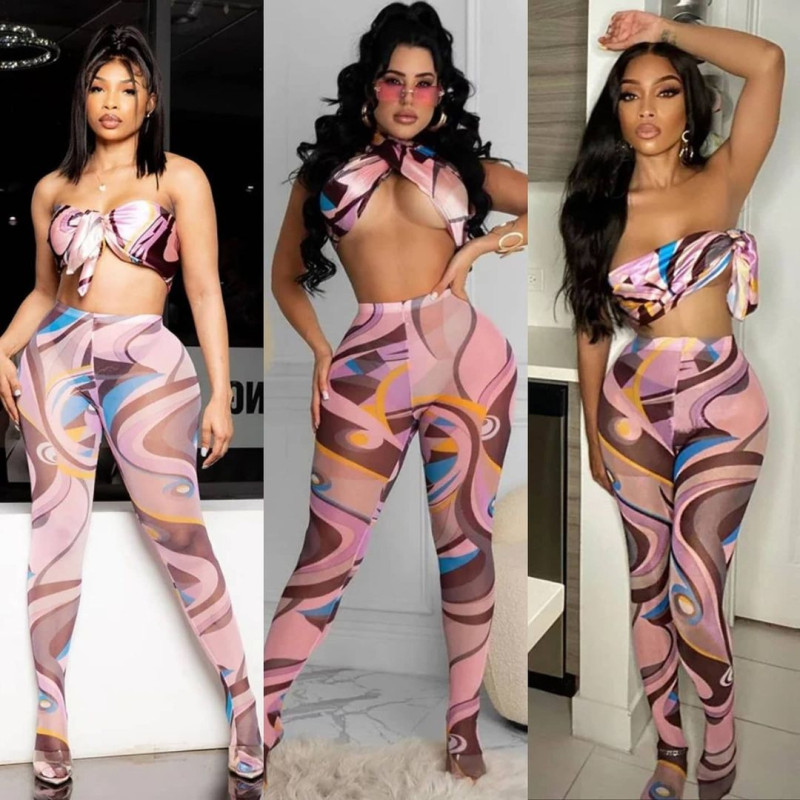 Digital printed strap mesh tight two-piece set