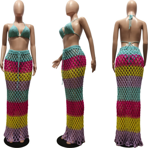 Knitted hand hook strap beach bikini three piece set