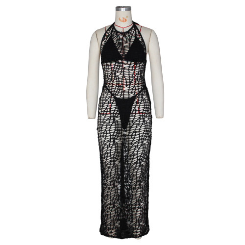 T-shaped pants hollow bare back hanging neck three piece set
