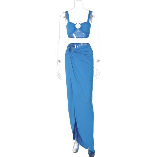 Suspended strapless, slim fitting, pleated, split half skirt set