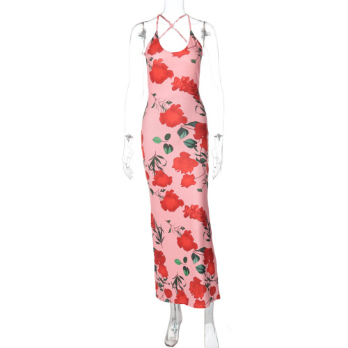 Printed sexy backless U-neck slim fit camisole dress