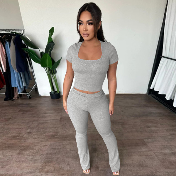 Casual short sleeved top slim fit solid color pants set