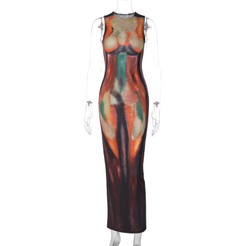Printed slim fit round neck sleeveless dress