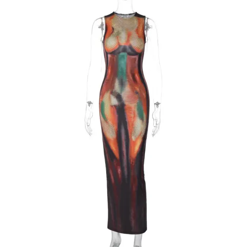 Printed slim fit round neck sleeveless dress