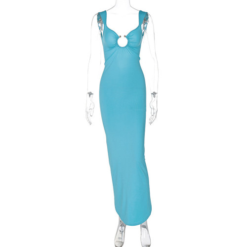 Feeling V-neck open back slit slim fit dress