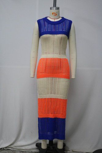 Perspective knitted mesh split contrasting color dress