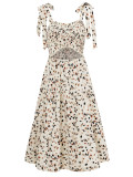 Printed, looped, hollowed out and tied shoulder strap dress