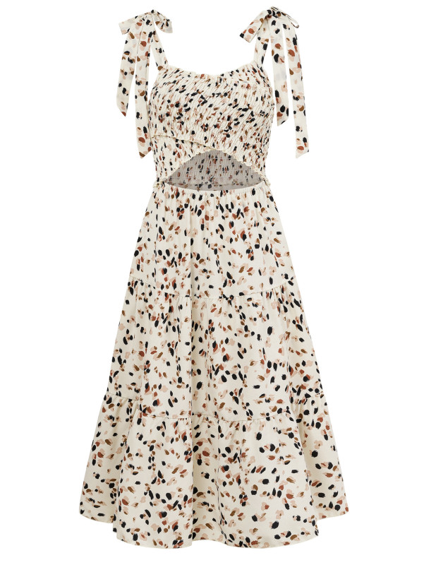 Printed, looped, hollowed out and tied shoulder strap dress
