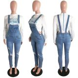 Perforated jeans with shoulder straps