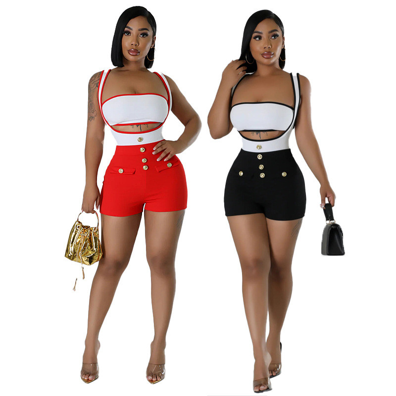 Women's color matching elastic shorts set