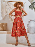 Printed, looped, hollowed out and tied shoulder strap dress