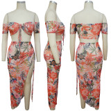 Printed lace up high slit half skirt beach skirt set