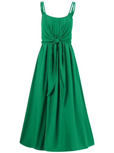 Solid color suspender tied waist dress