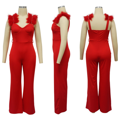 Ostrich hair diamond strap slim fit jumpsuit