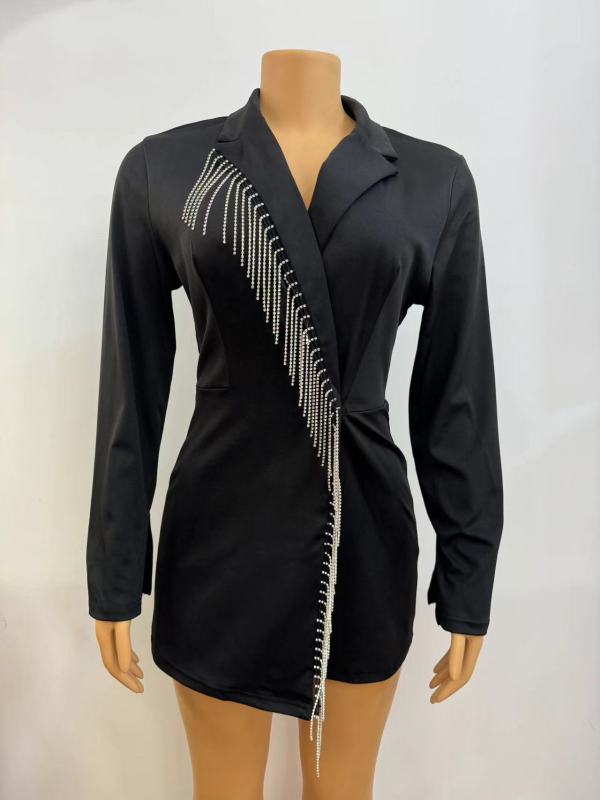 Flip collar, waist up, shiny tassel black suit jumpsuit