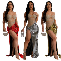 Hanging strap wrapped hip high slit hot diamond perspective dress