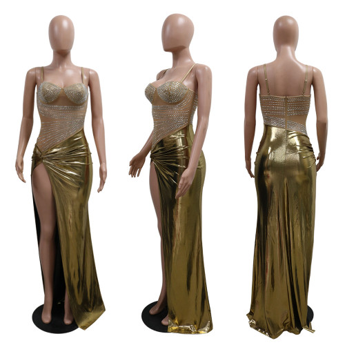 Hanging strap wrapped hip high slit hot diamond perspective dress