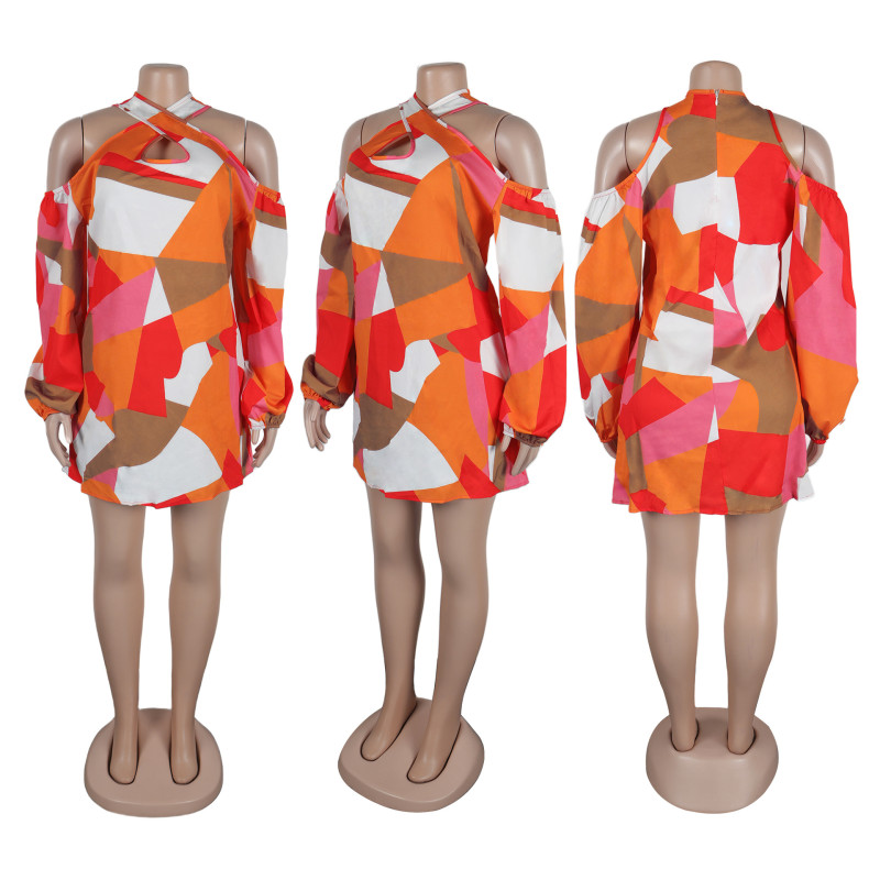 Printed Colorful Hollow Off Shoulder Cross Collar Short Dress