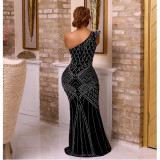 Women's solid color hot diamond diagonal collar long dress