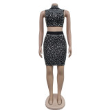 Women's sexy hot diamond hollow vest short skirt two-piece set
