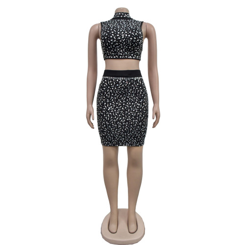 Women's sexy hot diamond hollow vest short skirt two-piece set