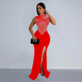 Women's solid color mesh hot diamond sleeveless long dress dress