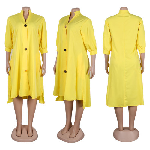 Solid color front short back irregular medium length lantern sleeve dress