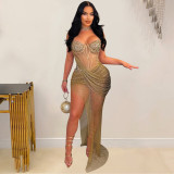 Women's sexy mesh hot diamond suspender long dress dress