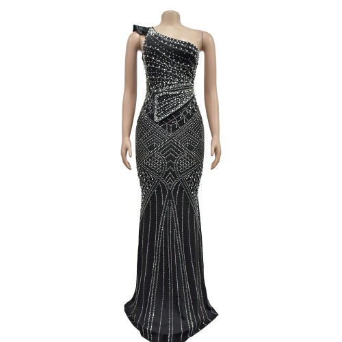 Women's solid color hot diamond diagonal collar long dress