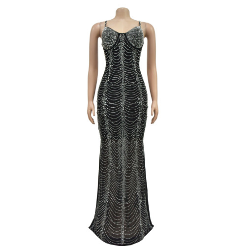 Women's solid color mesh hot diamond strap long skirt dress